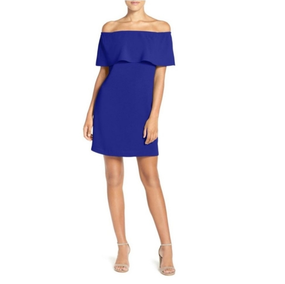 Charles Henry Off The Shoulder Mini Ruffle Sheath Dress Blue Crepe Women's S